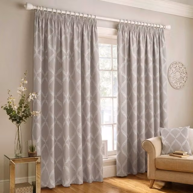Make It A Home Olivia Lattice Room Darkening Pencil Pleat Curtain Pair in Grey