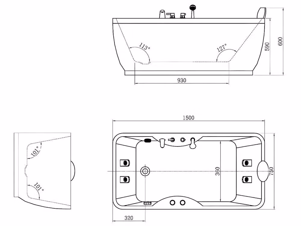 Vente-unique Black Whirlpool Bath, 1 Seater, Right-Handed, W/D/H: 150 x 75 x 54.5 cm – 4