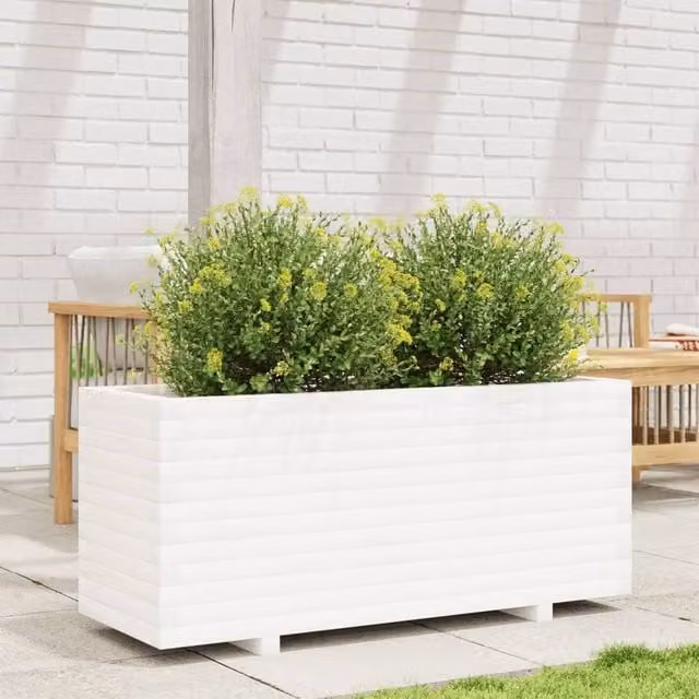 Berkfield Home Decorative Garden Planter in White Solid Pine Wood, W: 110 cm, D: 40 cm, H: 49.5 cm – 1