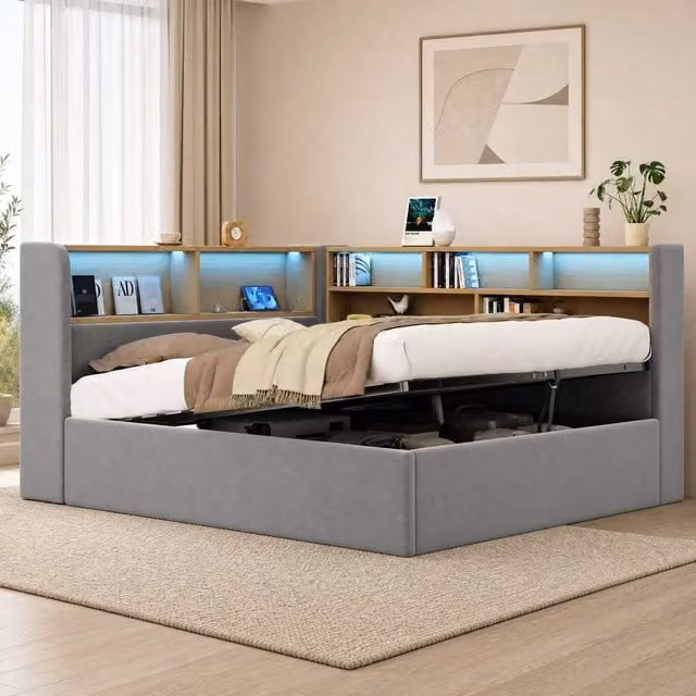 STILVORA Grey Velvet Double Storage Bed with LED Lighting, USB Charging and Lift-Up Base, W: 140 cm, L: 200 cm – 1