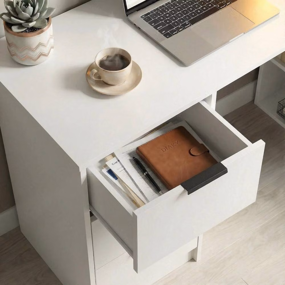FORGEVIO Modern Computer Writing Desk with 3 Drawers and 3 Shelves in White – 4