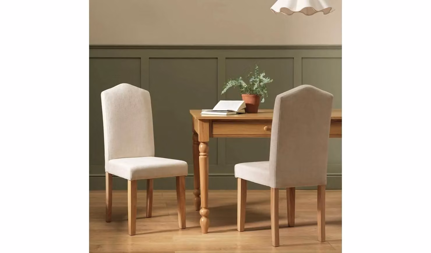 Cheap Furniture Warehouse Pair of Midback Fabric Dining Chairs in Beige with Wood Legs