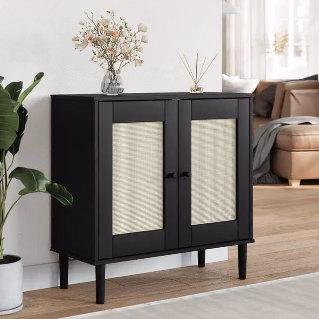 Berkfield Home Senja Sideboard in Black Rattan Look Solid Wood Pine W/D/H: 80 x 35 x 80 cm