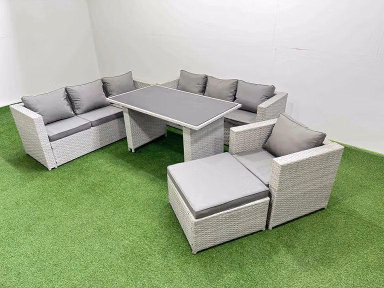 Fimous Light Grey Polyrattan Patio Garden Furniture Set with Glass Top and Large Stool