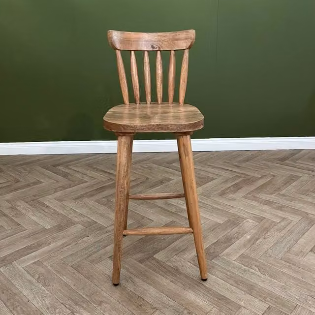Elm Home And Garden Rustic Mango Wood Kitchen Breakfast Bar Stool with Back, Brown