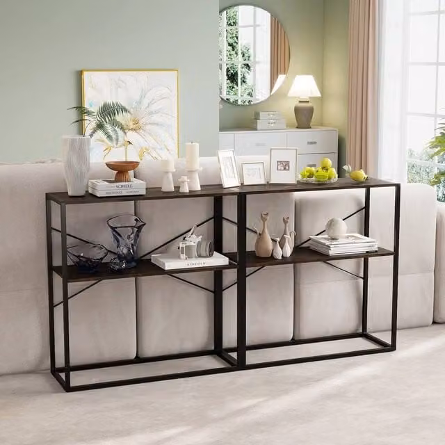 EONLION 2-Tier Industrial Wood and Metal Console Table in Brown, W: 100 cm, H: 90 cm – 1
