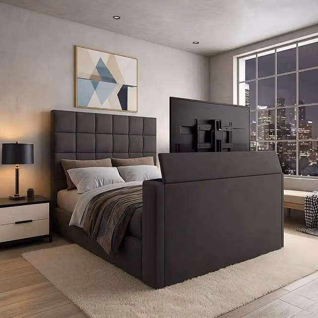 Paradise Beds Ltd Royal Upholstered Dream Sleep TV Bed with Ottoman Lift Storage in Dark Grey, W/D/H: 200 x 200 cm
