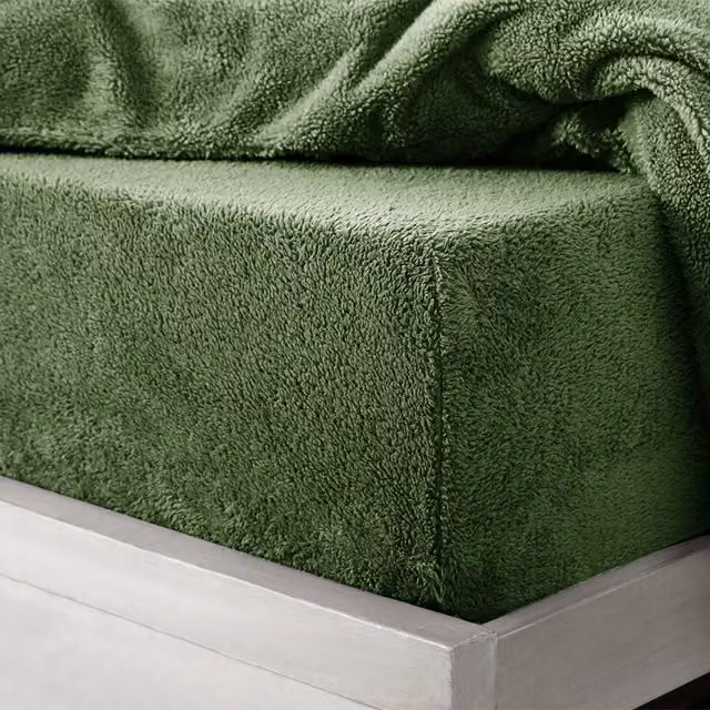 VELOSSO Green Microfibre Thermal Fleece Fitted Sheet for Winter, W/D/H: 90 x 200 cm