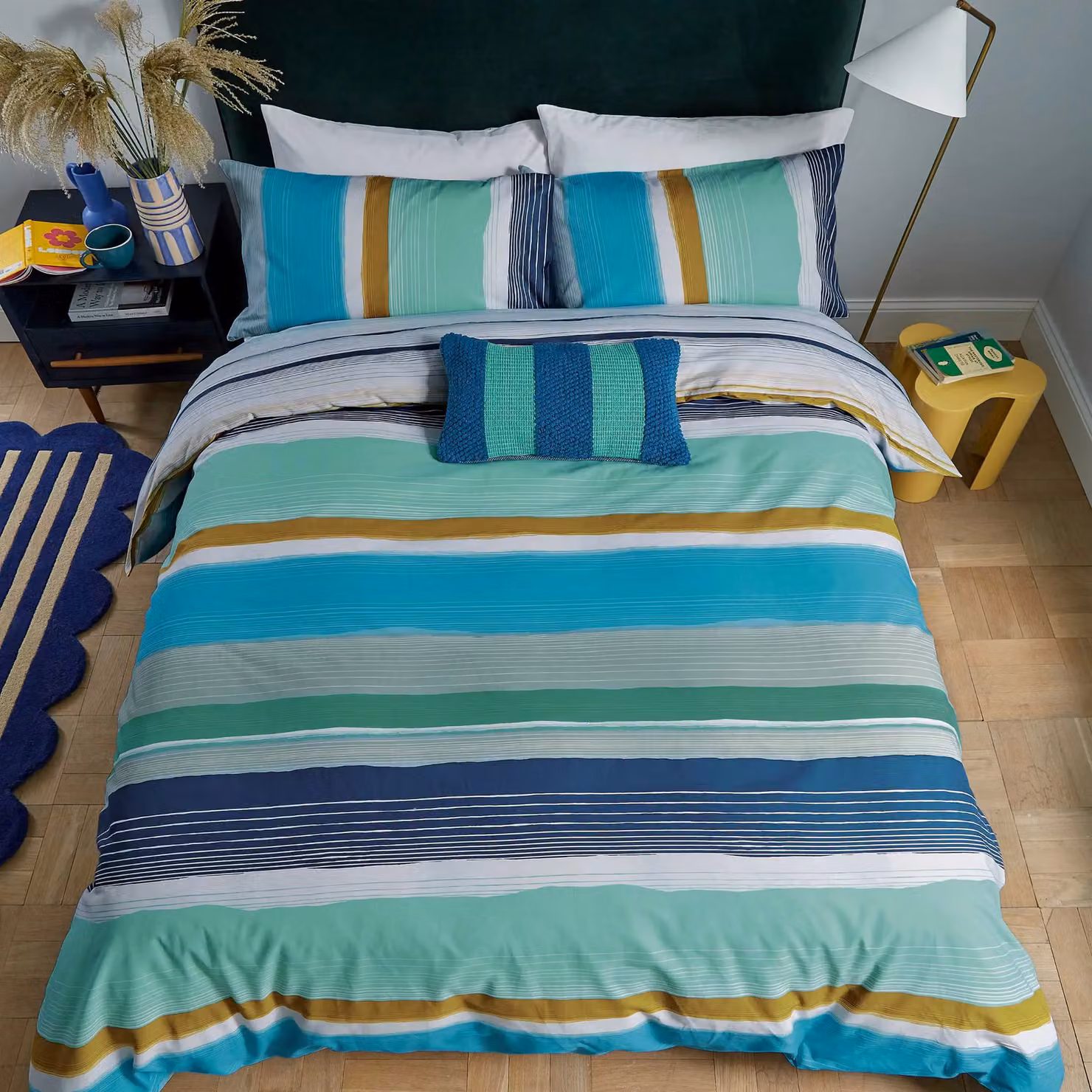 Helena Springfield Carrie Reversible Striped Cotton Duvet Cover and Pillowcase Set, Blue and Multicolour, W: 200 cm x D: 200 cm – 3
