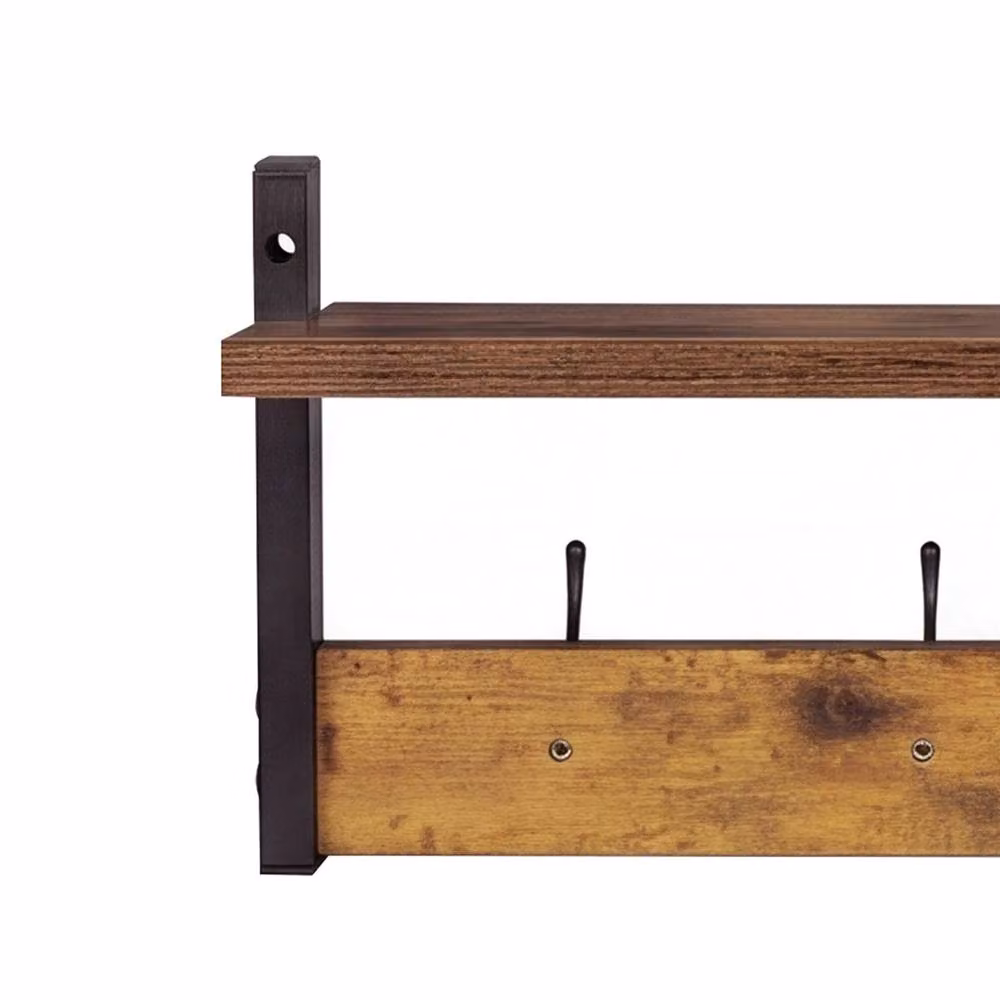 Levede 2 Pack Brown and Black Wooden Wall Mounted Coat Rack with Storage Shelf and Hooks, W: 60 cm – 6