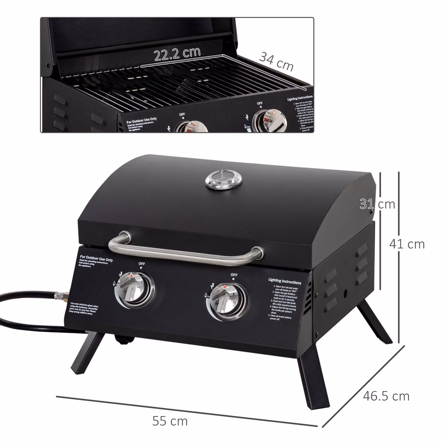 Outsunny 2 Burner Gas Barbecue Grill with Folding Legs and Thermometer, Black Carbon Steel Tabletop BBQ – 3