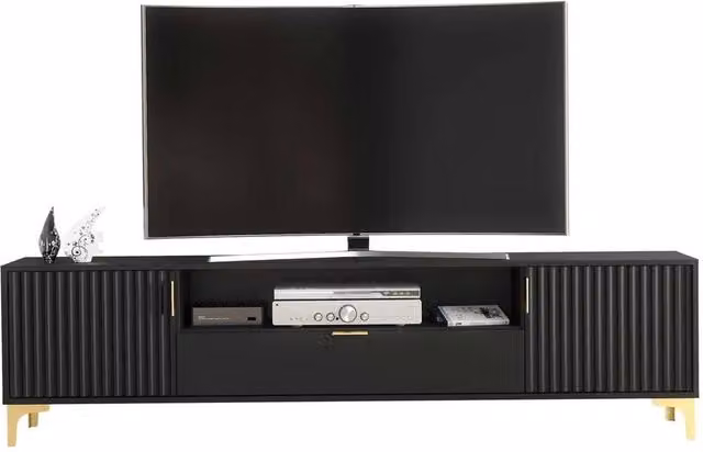 FORGEVIO Modern Black and Gold Fluted Wood TV Unit Sideboard with Media Storage