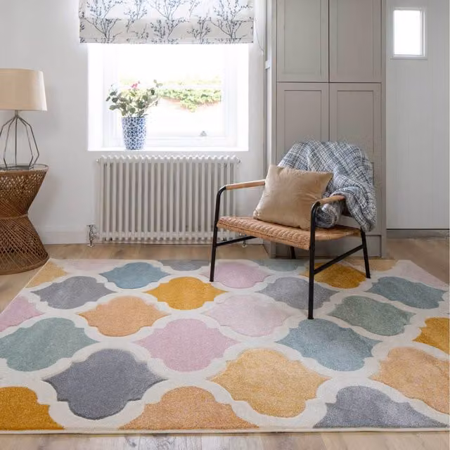 The Rug House Trellis Geometric Carved Rug in Multicolour and Pink, W: 280 cm, D: 190 cm