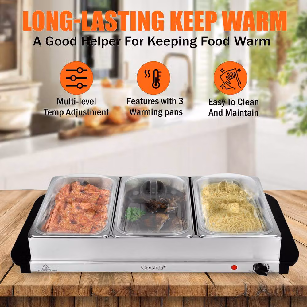 Crystals Silver Electric Buffet Server with 3 x 2.5L Adjustable Temperature Food Warmers – 5