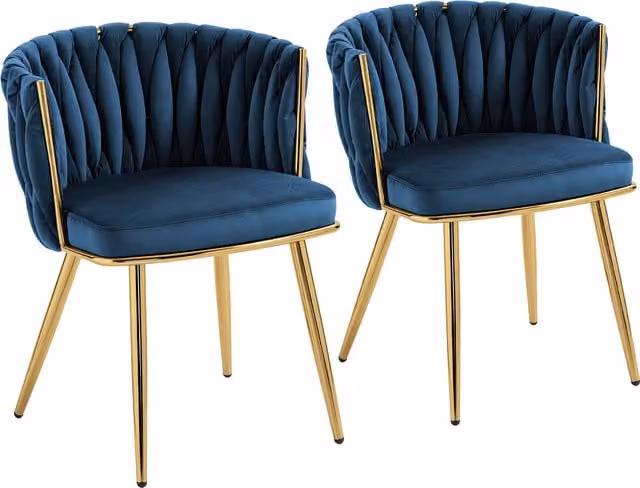 HOMCOM Set of 2 Modern Velvet Upholstered Dining Chairs with Armrests and Metal Legs, Blue and Gold – 1