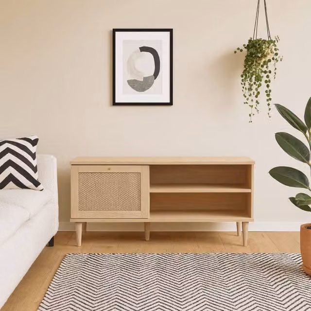 Wyld Haus Bergen Scandinavian Rattan TV Unit in Beige, W: 120 cm, D: 41.4 cm, H: 57.8 cm