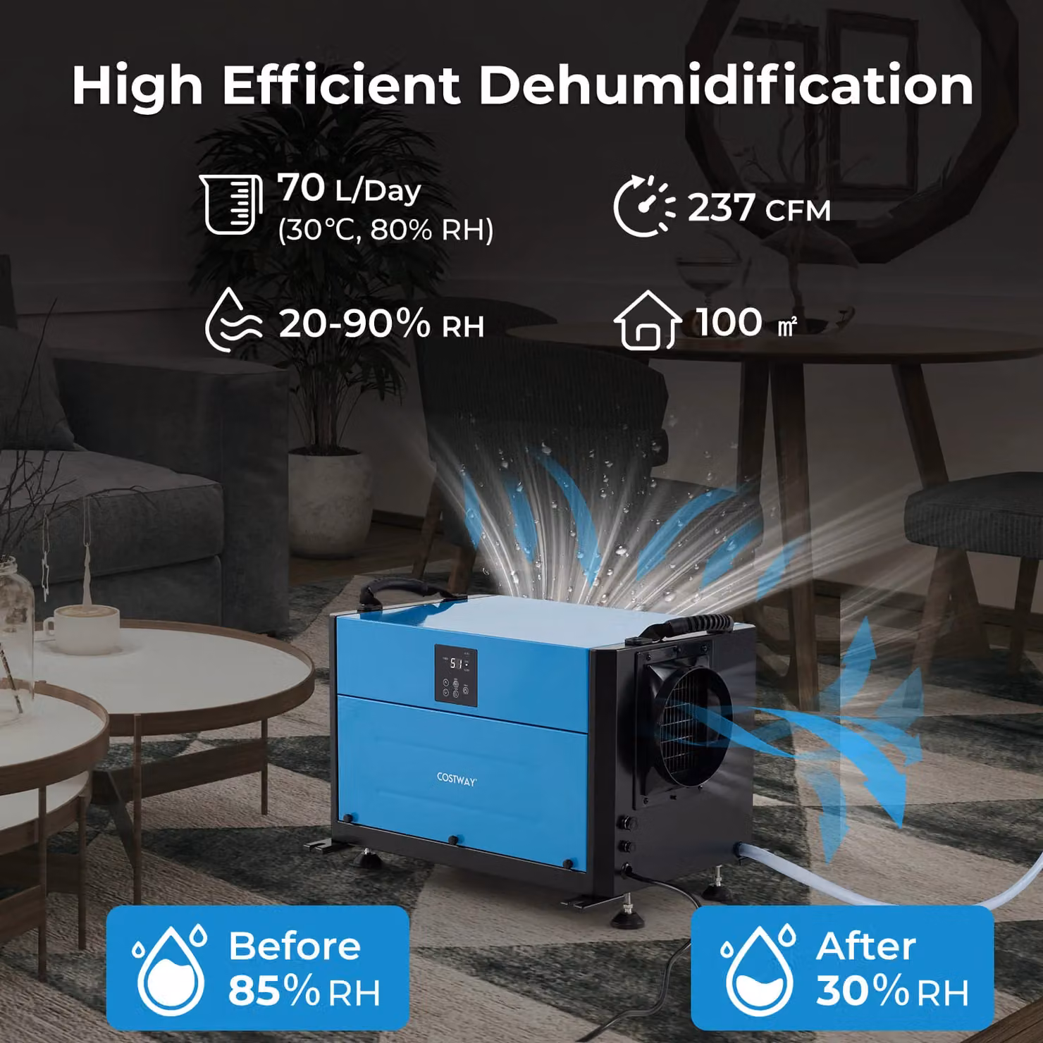 Gymax 70L/Day Commercial Crawl Space Dehumidifier with 3 Modes, Blue – 8