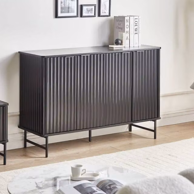 Wyld Haus Modern Black Glossy Wood 4 Door Sideboard with Striped Front, W: 120 cm, D: 40 cm