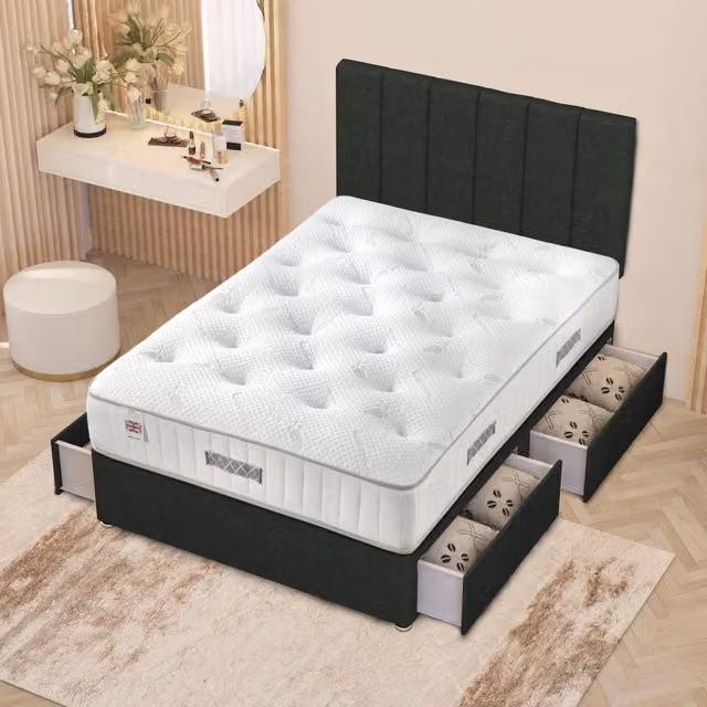 Somnior Beds Ltd Austin Linen Fabric Storage Divan Bed Hybrid Orthopaedic Mattress with 32 inch Headboard, Anthracite Grey, W/D/H: 200 x 200 cm