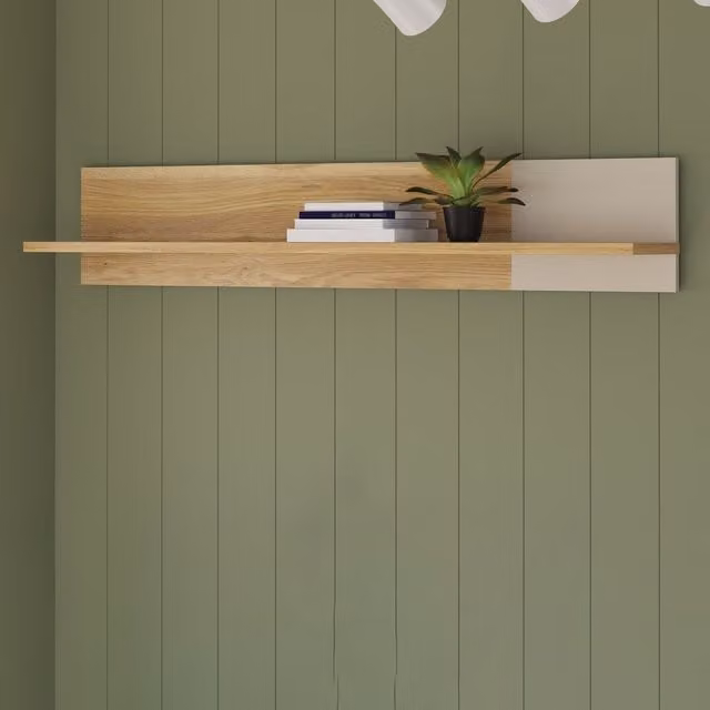 Furniture To Go Bixbite Wall Shelf with Sliding Panel in Mauvella Oak and Sand