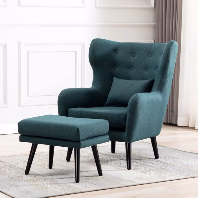 More4Homes Winslow Wing Back Velvet Accent Chair with Ottoman in Green