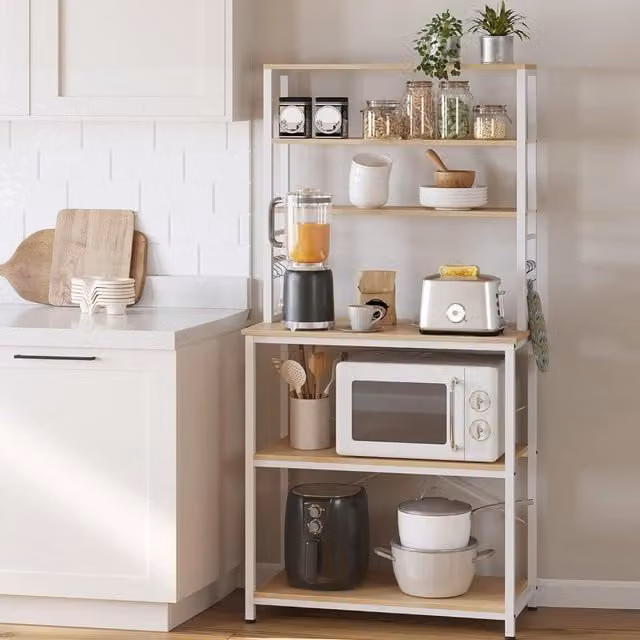 The Bazaarist Kitchen Storage Rack with 6 Adjustable Shelves in Oak and White, H: 167 cm x W: 80 cm x D: 40 cm