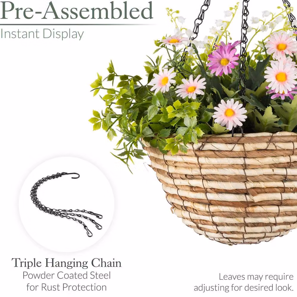 Christow Artificial Daisy Woven Hanging Basket in Yellow, Pink or Multicolour, Diameter: 25 cm – 6