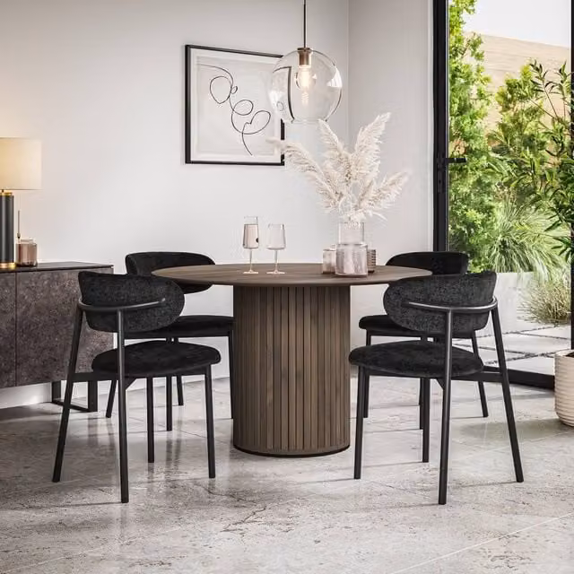 More4Homes Arlo Walnut Round Dining Table and 6 Black Myla Linen Dining Chairs Set – 1