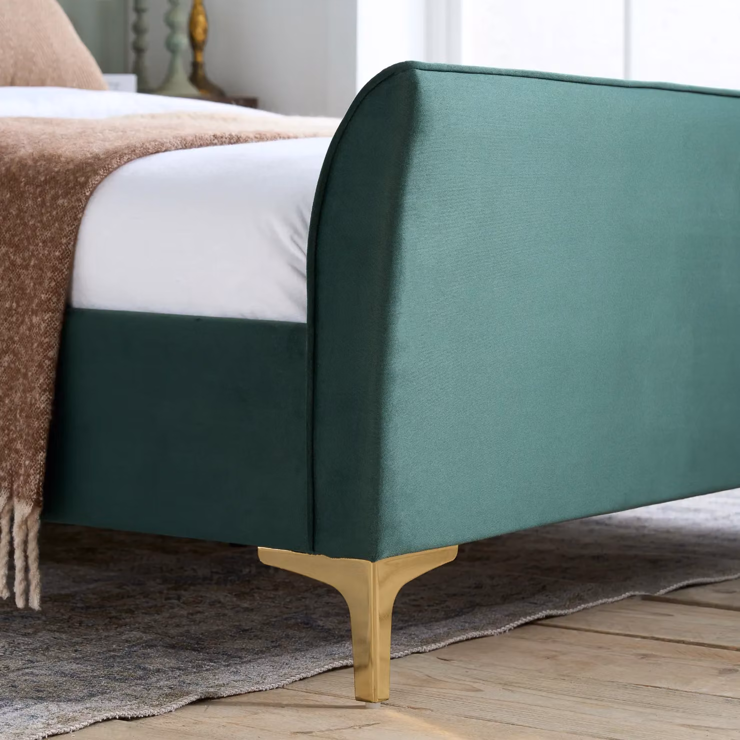 Birlea Clover Upholstered Velvet Bed Frame in Green with Gold Details and Lift Up Base W/D/H: 208 x 140 x 116 cm – 4