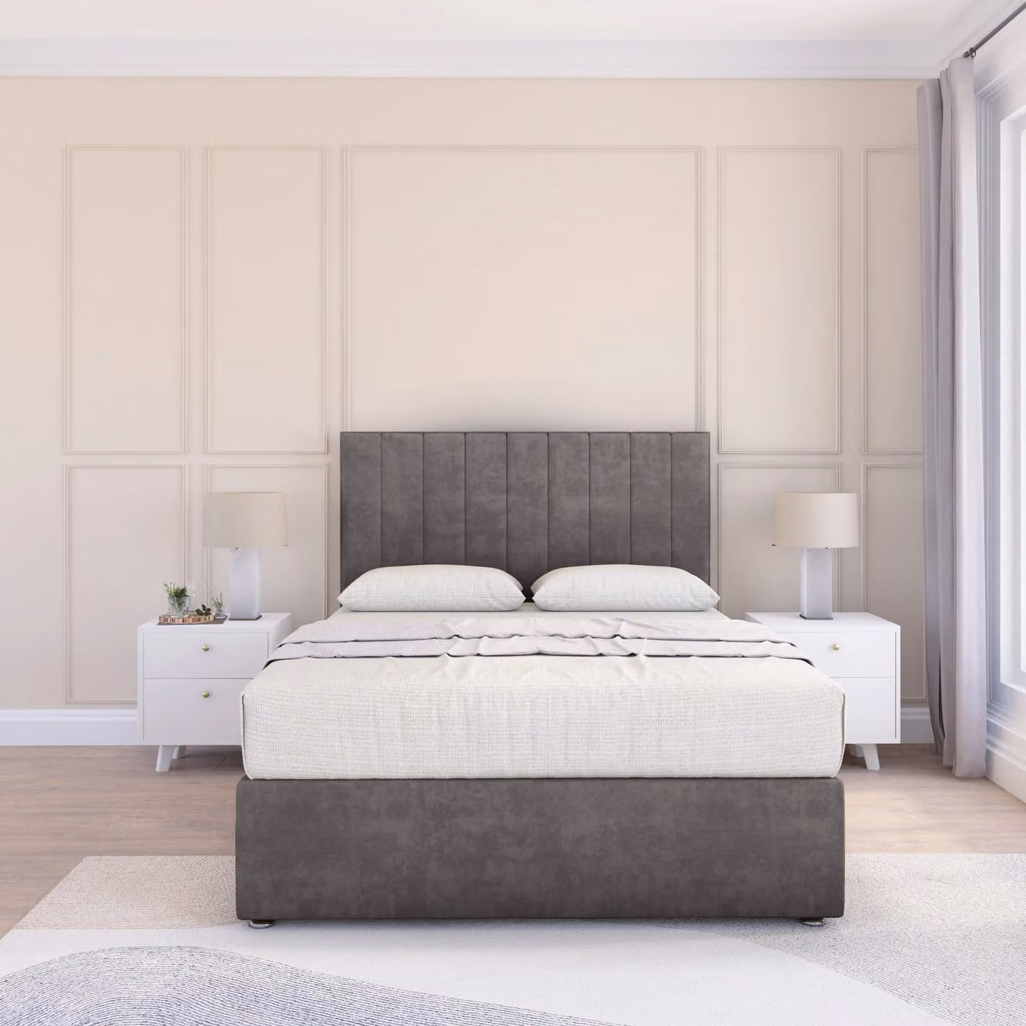 Sloomy Kansas Small Single Divan Bed Base with 54 inch Floor Standing Headboard in Grey Fabric