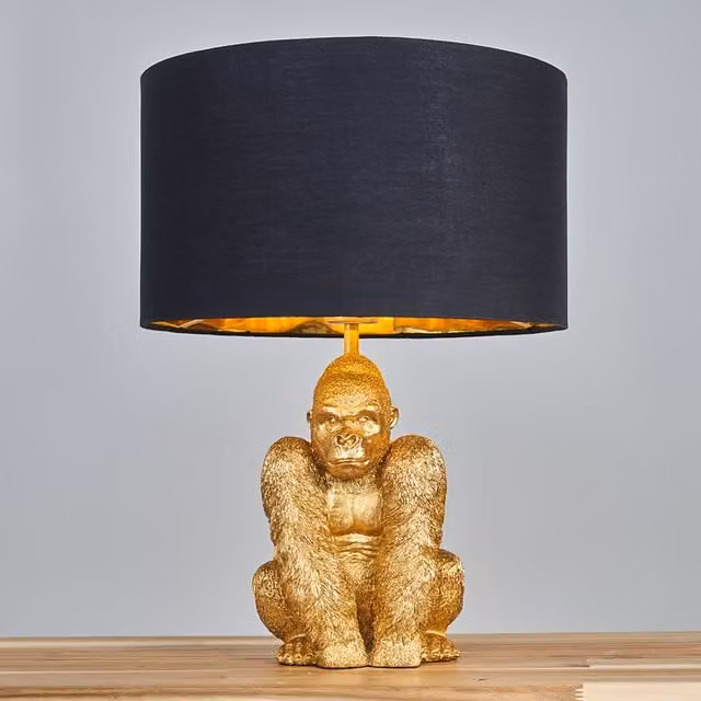 ValueLights Sitting Gorilla Table Lamp in Gold/Brass with Black Fabric Cylinder Shade, Height: 48 cm