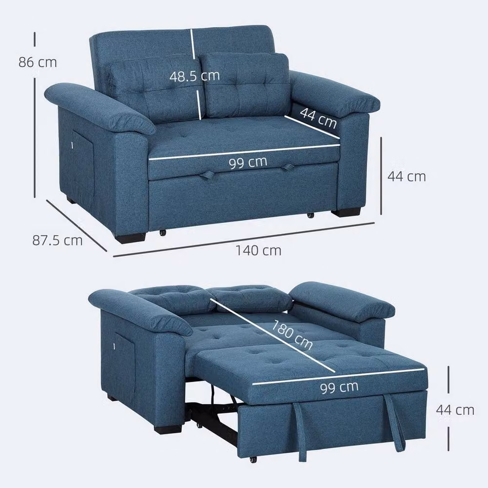 FORGEVIO Blue 2 Seater Click Clack Sofa Bed with Upholstered Fabric, W/D/H: 140 x 190 cm – 2