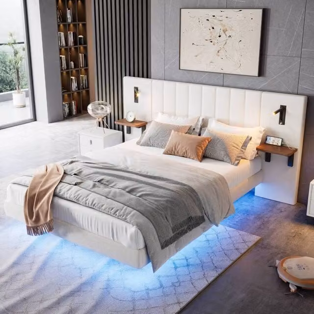 ModernLuxe White Velvet Upholstered King Bed with LED Lighting, USB Charging Ports and Storage Headboard W/D/H: 150 x 200 x 103 cm – 1