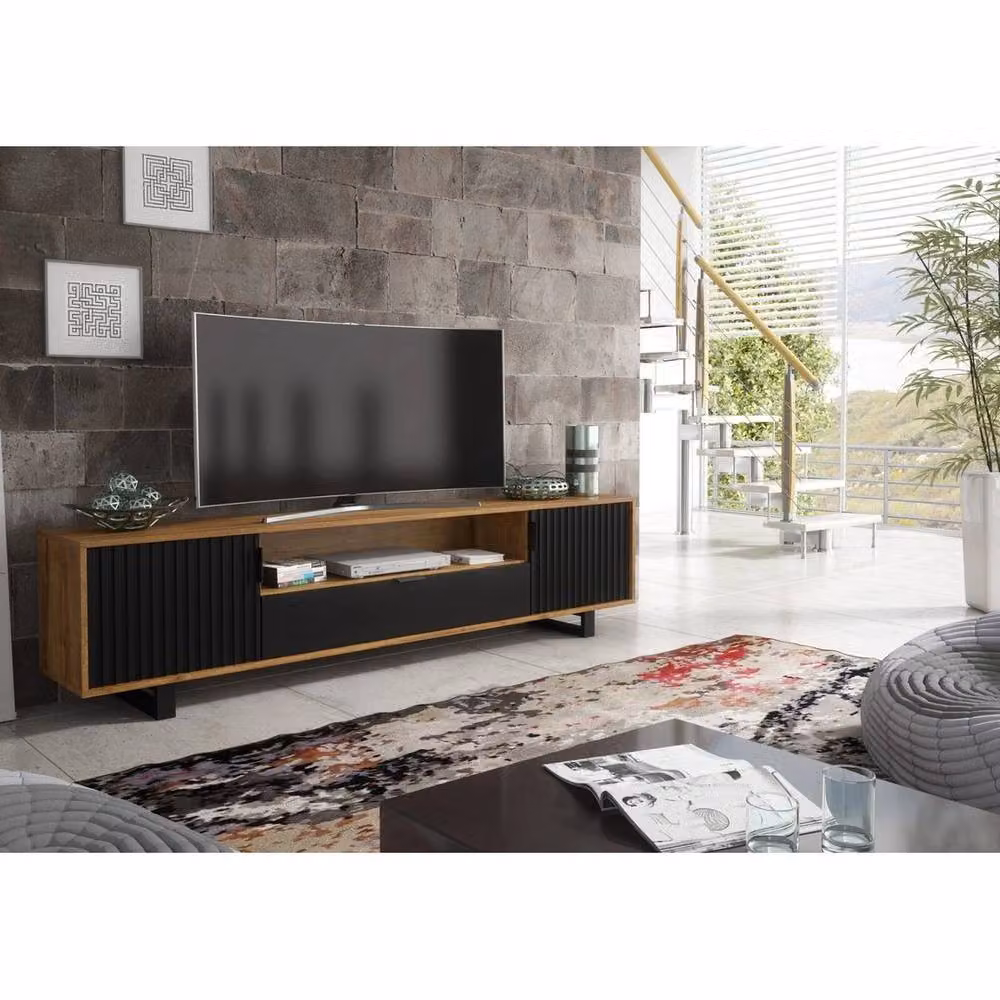 PAWNORA Modern Oak Wood TV Unit and Sideboard Cabinet in Brown and Black – 4