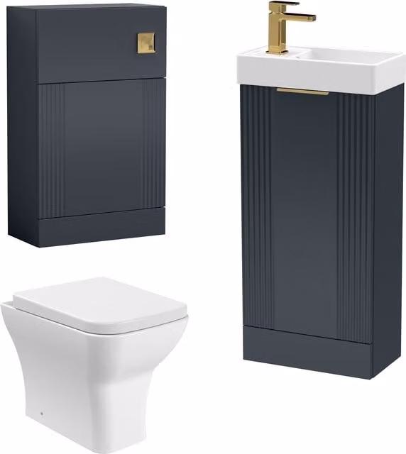 Balterley Modern Wall Mounted Cloakroom Suite with Vanity Unit, Tap and Toilet in Matt Dark Grey and Brass