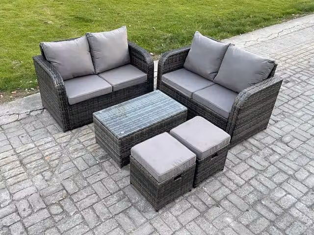 Fimous 6 Seater Rattan Garden Furniture Set in Dark Grey with Upholstered Sofa, Coffee Table and 2 Ottomans