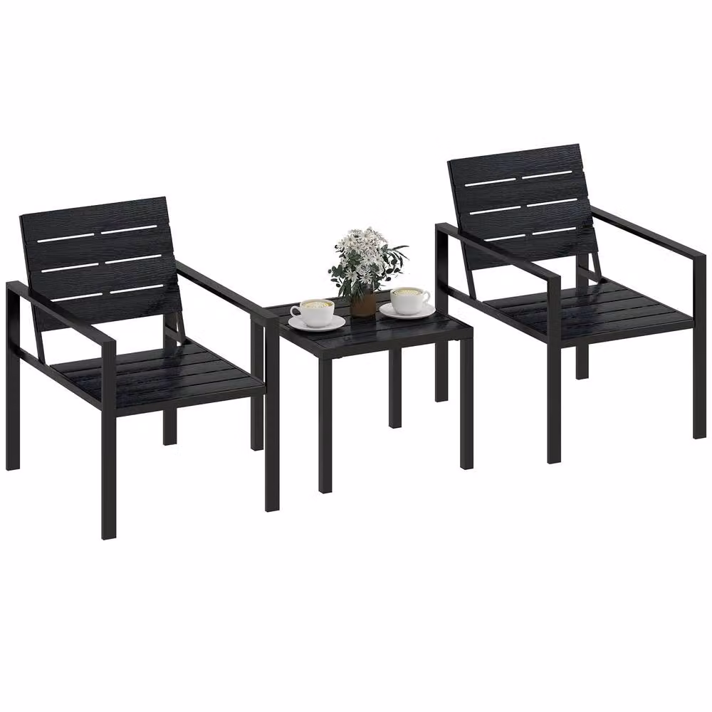 OUTSUNNY 3 Piece Black Garden Bistro Set with Square Table and 2 Chairs – 2