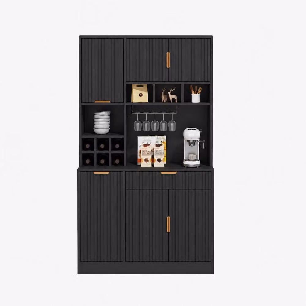 Merax Modern Tall Kitchen Pantry Cabinet with Power Outlets and Wine Storage, Black, H: 175 cm, W: 40 cm, D: 100 cm – 2