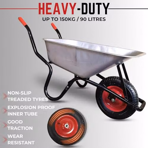 Samuel Alexander Heavy Duty Galvanised Metal Garden Wheelbarrow with Pneumatic Tyre, Silver, 90 Litre, 150kg Capacity, W/D/H: 61.0 x 57.0 x 23.0 cm – 7