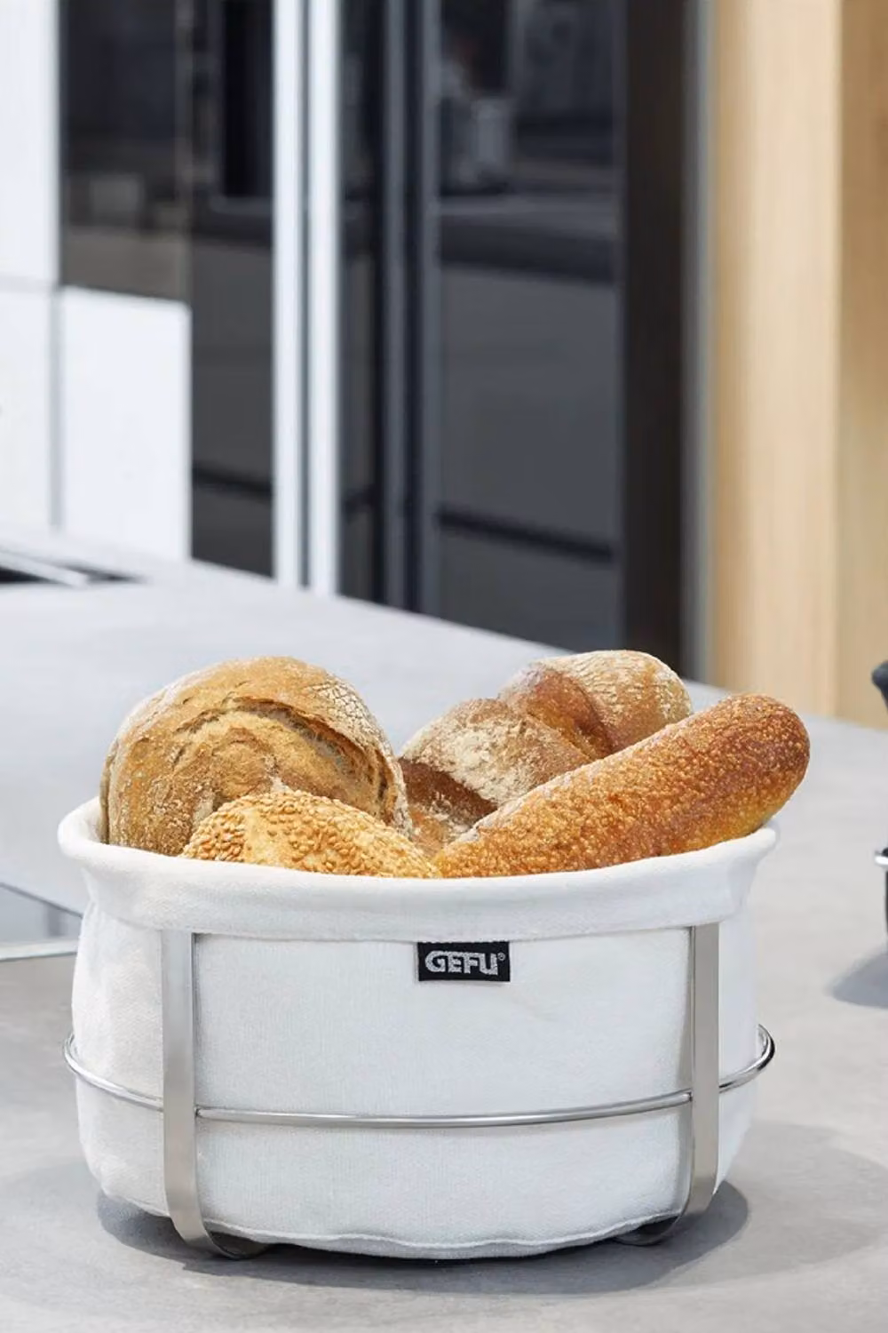 Gefu Brunch Bread Basket with White Fabric Liner and Stainless Steel Frame – 2