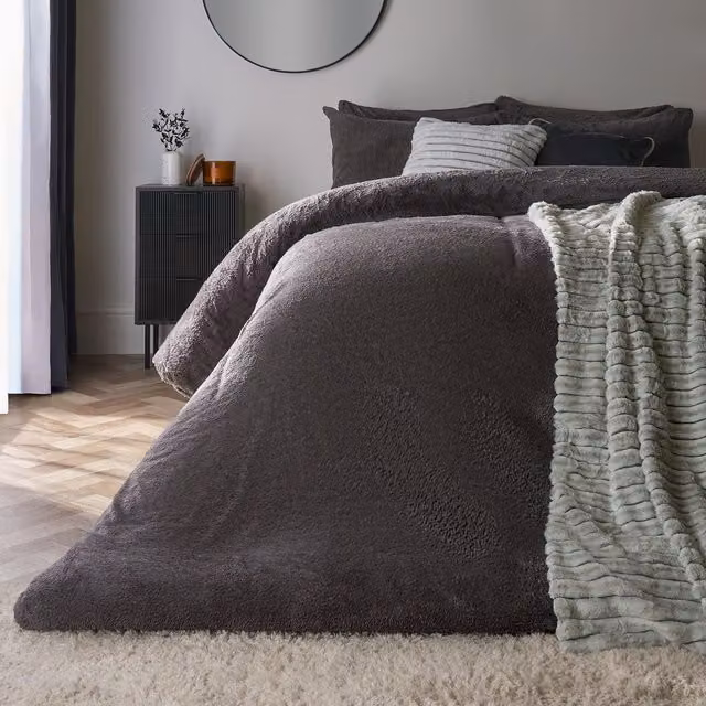 OHS Thermal Soft Teddy Fleece Duvet Cover and Pillowcase Set in Anthracite Grey, Single Size (90 x 200 cm) – 1