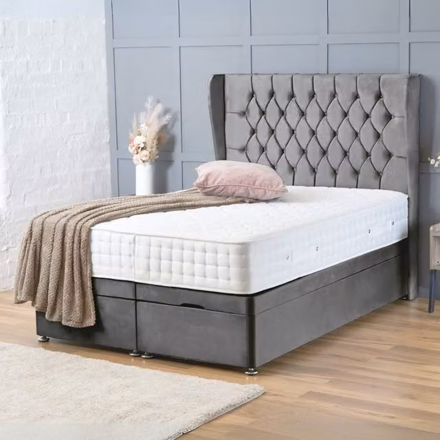BSSPOKE Amelia Small Double Ottoman Divan Bed in Grey Plush Velvet with 54 inch Headboard