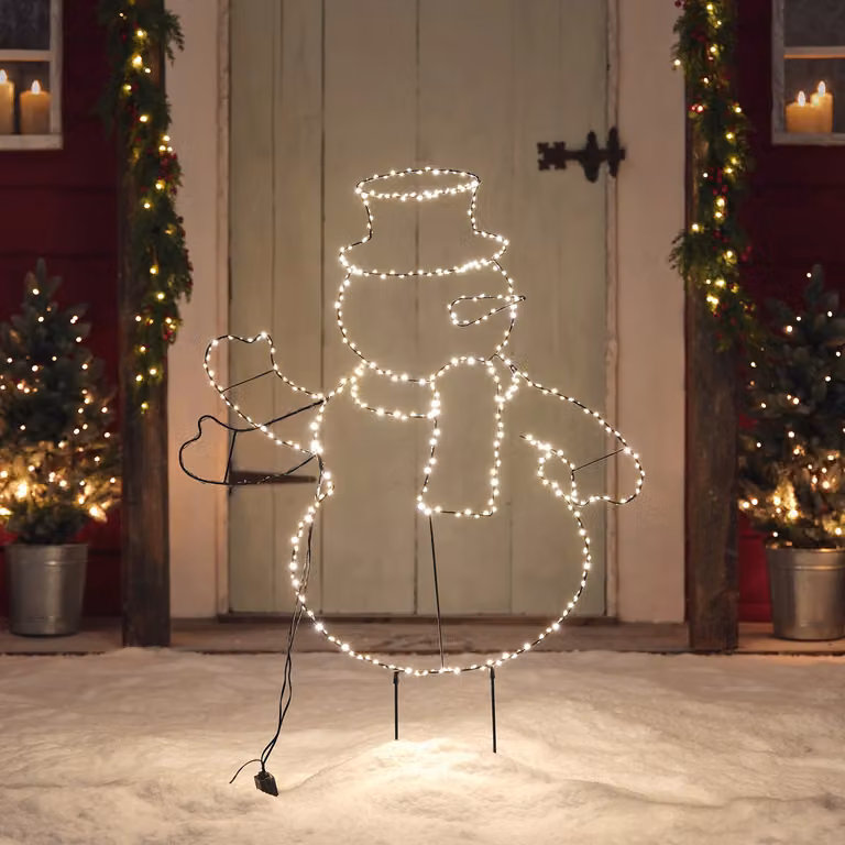 Lights4fun Waving Snowman Outdoor LED Stake Light in White and Silver, Height: 77 cm
