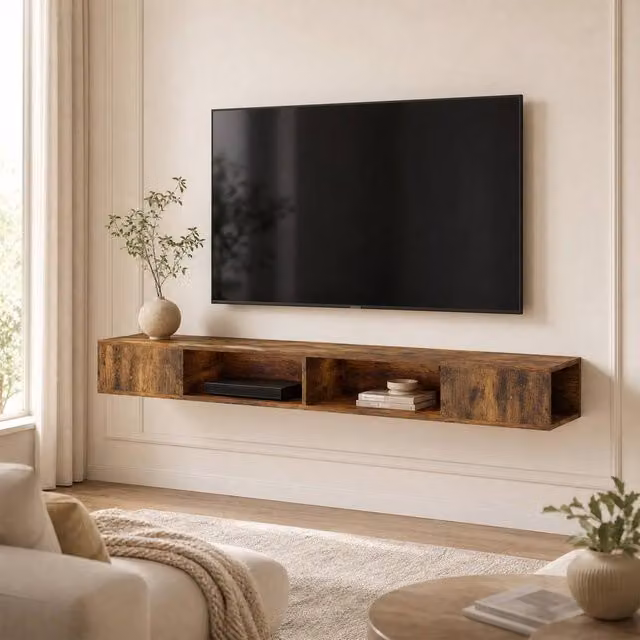 STILVORA Wall Mounted TV Stand with RGB LED Lights in Rustic Brown