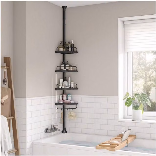 SONGMICS Adjustable 4-Tier Black Metal Corner Shower Shelf for Bathroom
