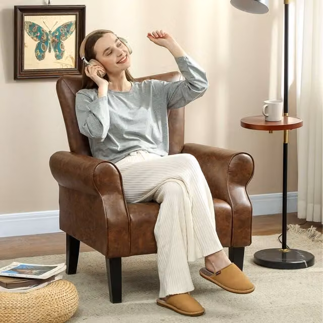 HOMCOM High Back Armchair with Wood Legs in Grey PU Leather and Polyester