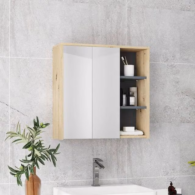 FORGEVIO Modern Wall Mounted Bathroom Cabinet with Mirror, Glass Doors and Internal Shelves in Brown and Beige – 1