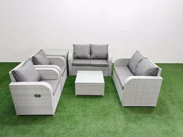 Fimous 6 Seater Rattan Garden Furniture Set in Light Grey with Reclining Chairs, 2 Seater Sofa, Coffee Table and Side Table