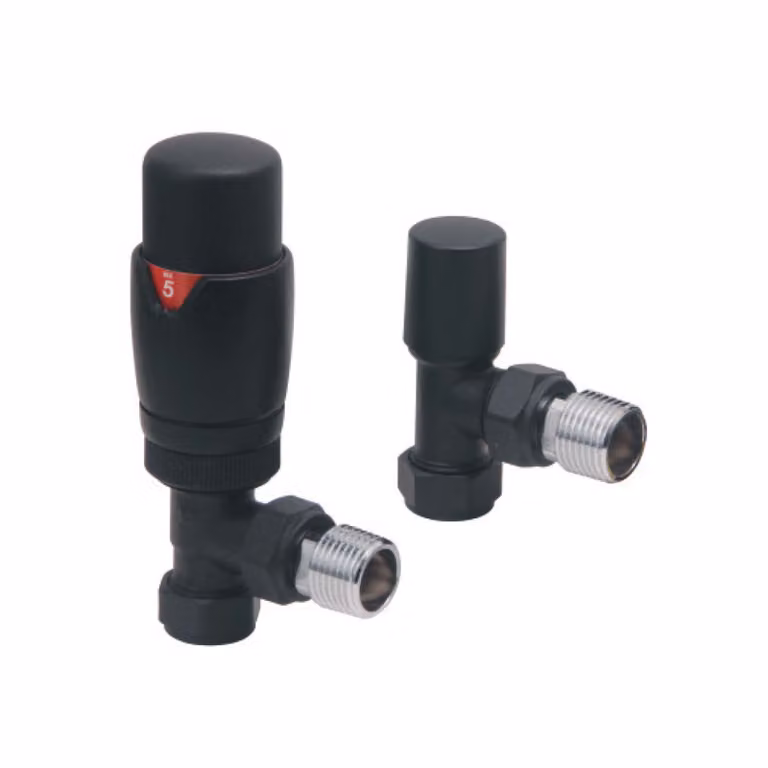 Arno Matt Black Round Designer Angled Radiator Valve Pair in Brass