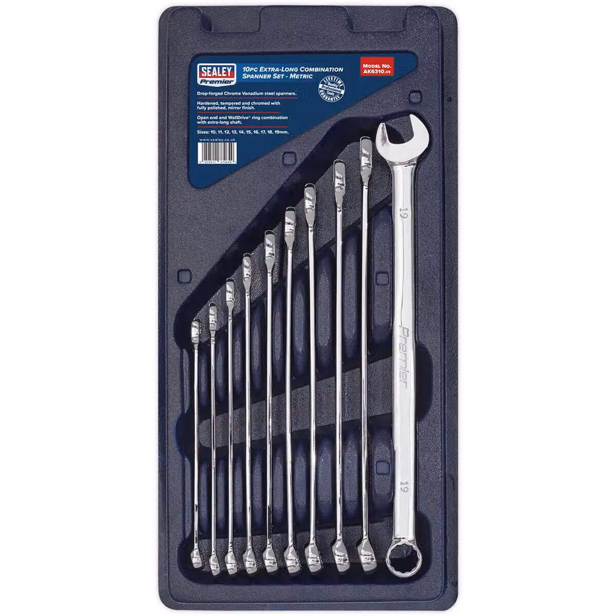 Loops 10-Piece Extra Long Combination Hand Spanner Set, 10 to 19mm Metric, 12-Point Chrome Vanadium Steel, Silver and Multicolour – 4